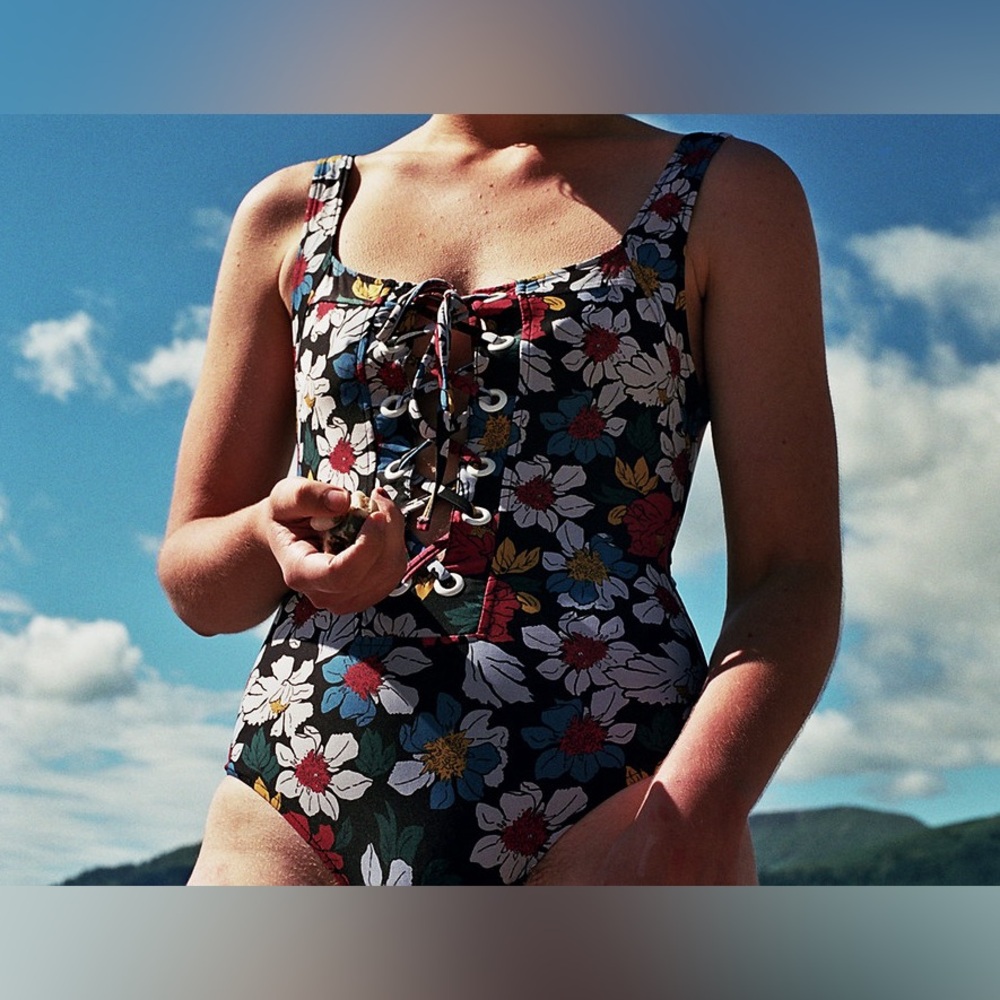 Zara floral lace up one piece swimsuit medium dark bold scoop back
